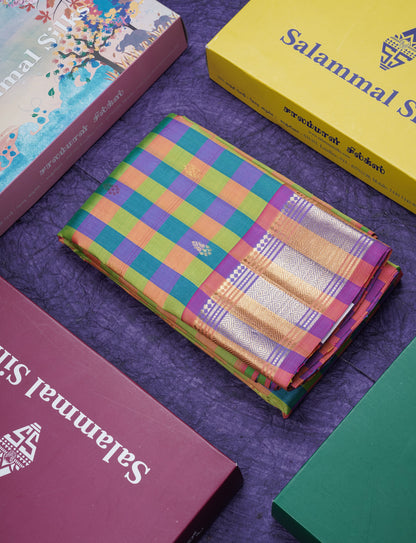 Multicolour Pure Kanjivaram Silk Saree With Contrast Pink One Side Border