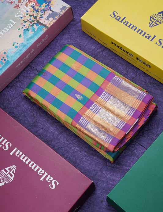 Multicolour Pure Kanjivaram Silk Saree With Contrast Pink One Side Border
