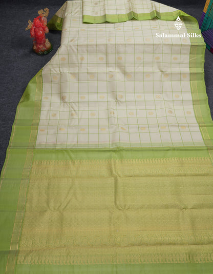 Beautiful Half White Checks With Peacock Butta Pure Kanjivaram Silk Saree With Contrast Parrot Green Traditional Gap Border
