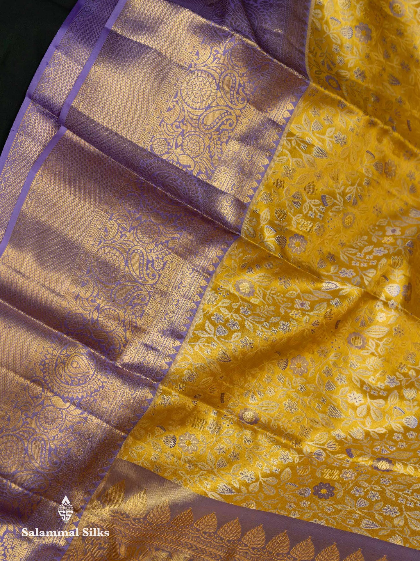 Beautiful Gold Tissue Bridal Pure Kanjivaram Silk Saree With Contrast Lavender Traditional Border