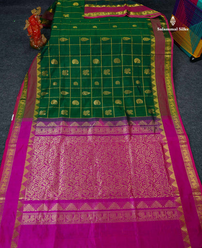 Pure Silk Cotton Saree - Bottle Green Checks With Traditional Butta Along With Contrast Magenta Pink Checks Blouse