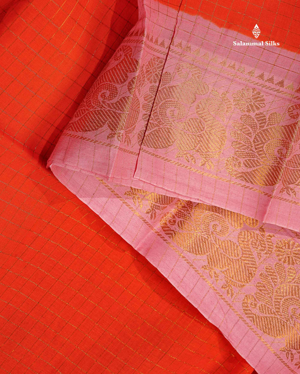 Sungudi Cotton Saree - Orange Colour Body Small Zari Checks With Baby Pink Border