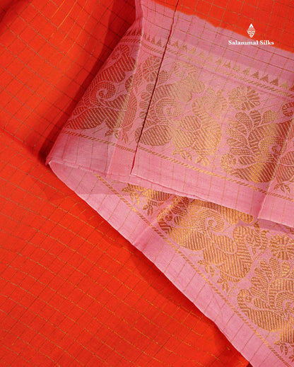 Sungudi Cotton Saree - Orange Colour Body Small Zari Checks With Baby Pink Border