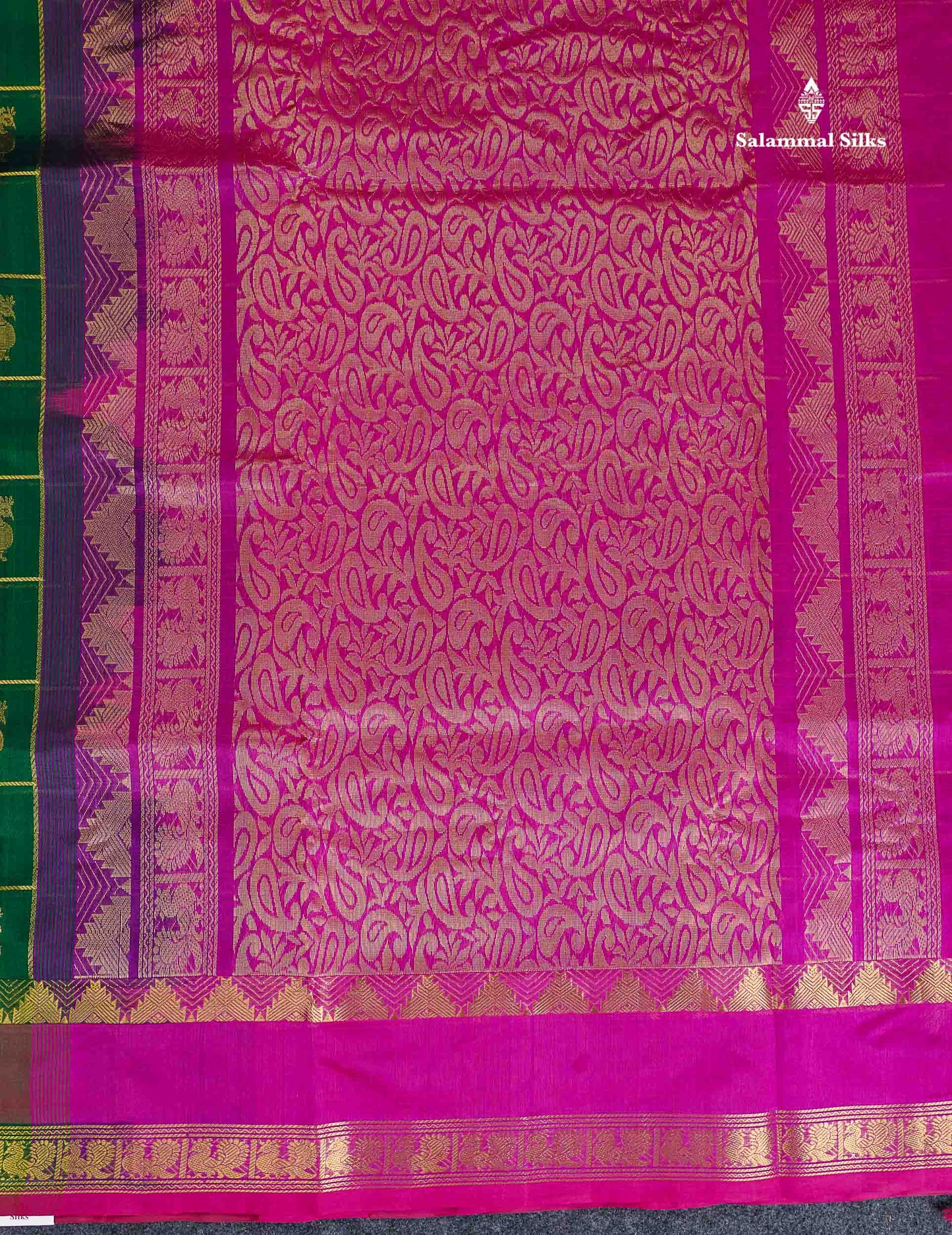 Pure Silk Cotton Saree - Bottle Green Checks With Traditional Butta Along With Contrast Magenta Pink Checks Blouse