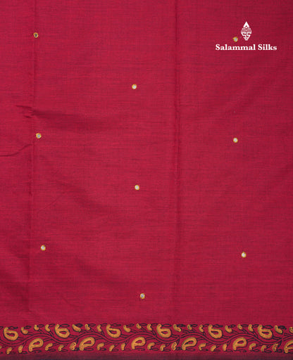 Beautiful Maroon Mirror Work South Cotton Printed Saree With Contrast Yellow Blouse
