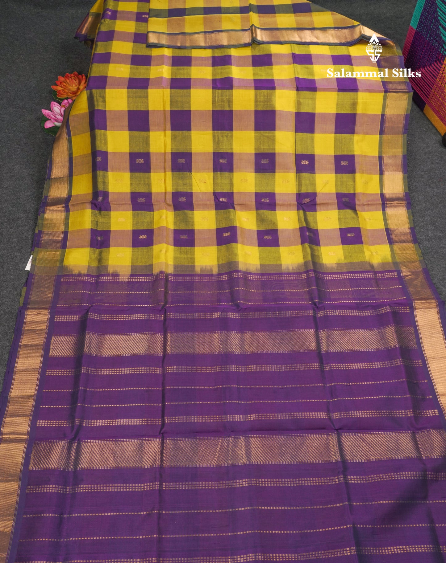 Paalum Pazham Checks Pure Silk Cotton Saree With Contrast Violet Blouse