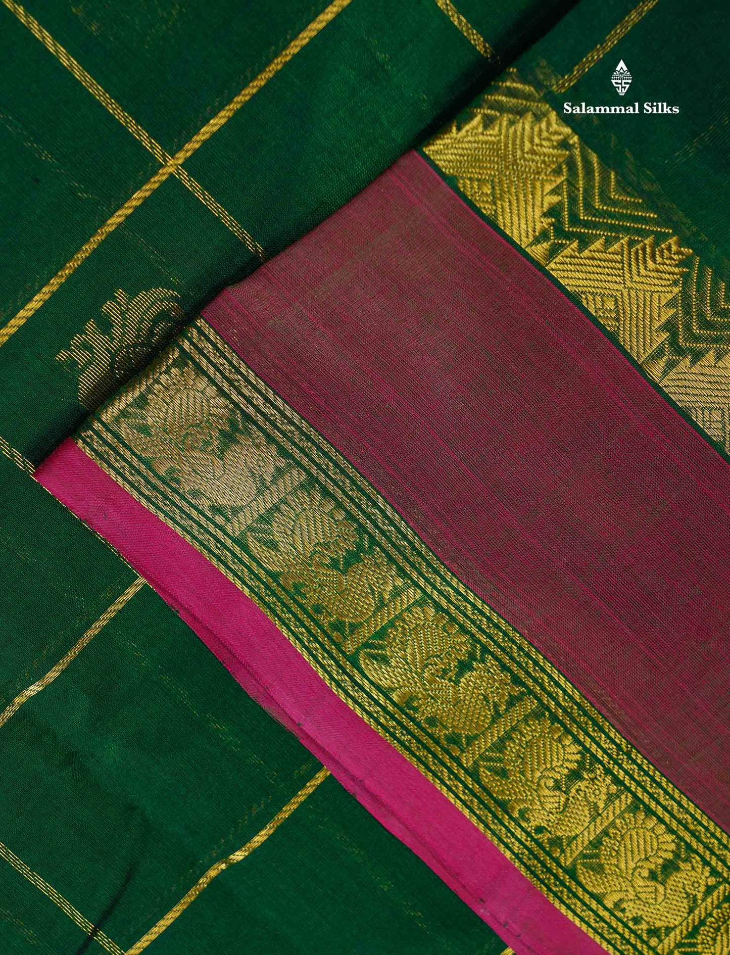 Pure Silk Cotton Saree - Bottle Green Checks With Traditional Butta Along With Contrast Magenta Pink Checks Blouse