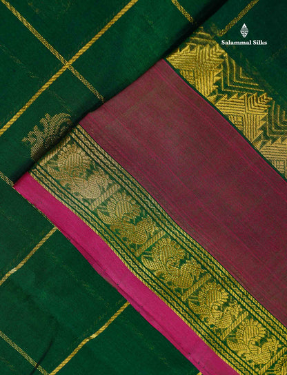 Pure Silk Cotton Saree - Bottle Green Checks With Traditional Butta Along With Contrast Magenta Pink Checks Blouse