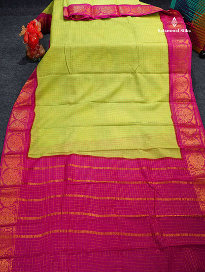 Sungudi Cotton Saree - Parrot Green Colour Body Small Zari Checks With Pink Border