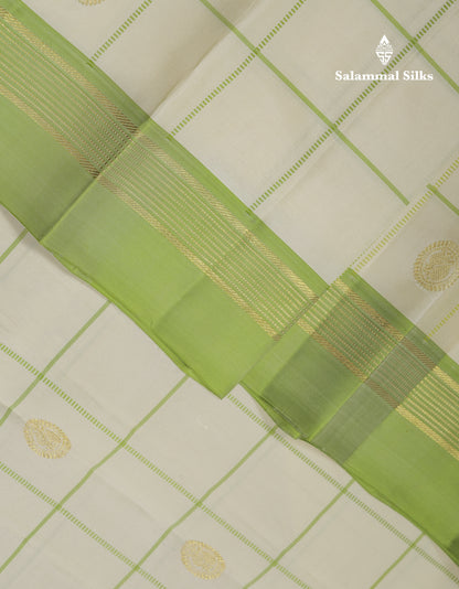 Beautiful Half White Checks With Peacock Butta Pure Kanjivaram Silk Saree With Contrast Parrot Green Traditional Gap Border