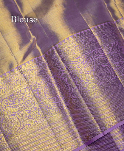 Beautiful Gold Tissue Bridal Pure Kanjivaram Silk Saree With Contrast Lavender Traditional Border