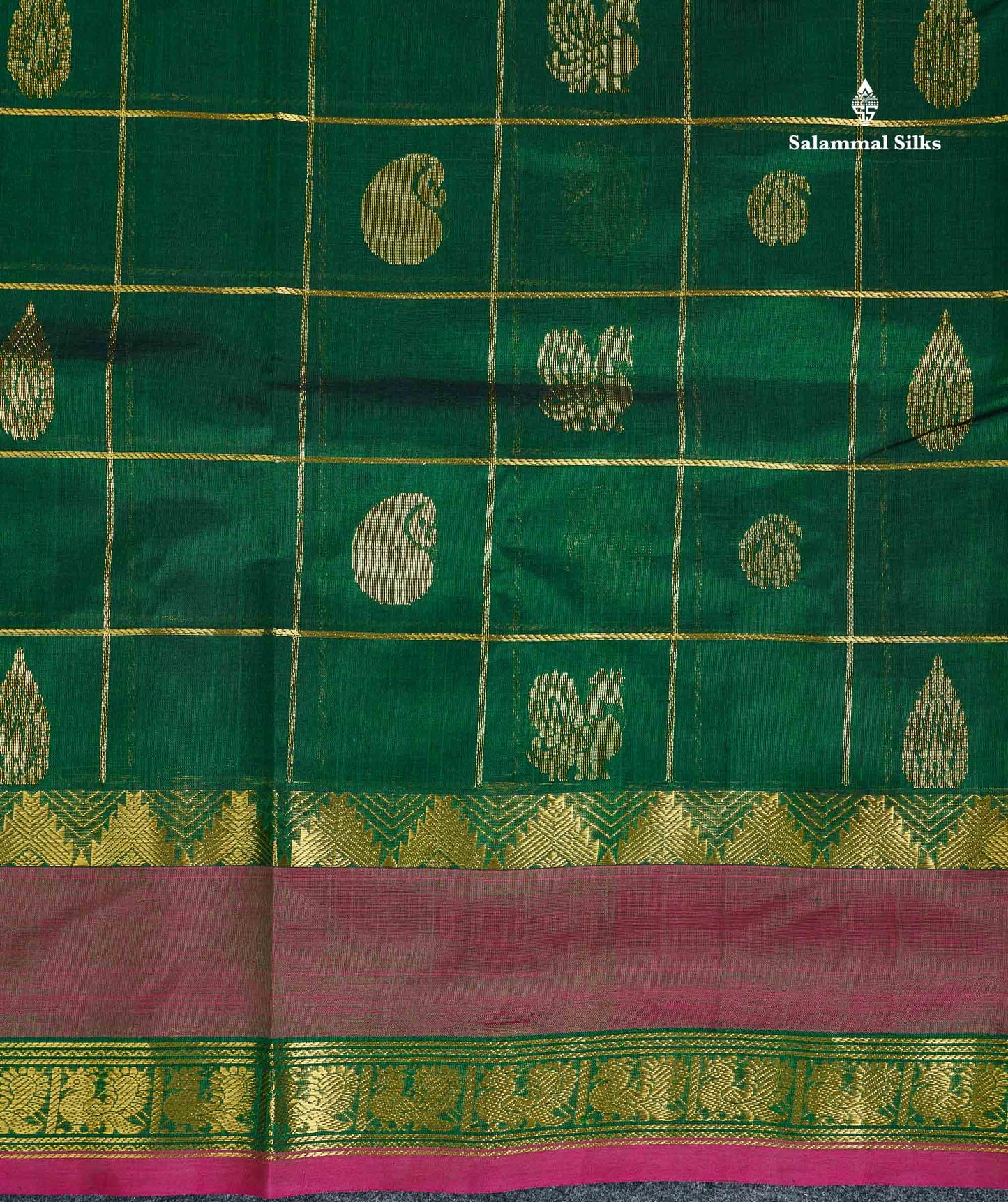 Pure Silk Cotton Saree - Bottle Green Checks With Traditional Butta Along With Contrast Magenta Pink Checks Blouse