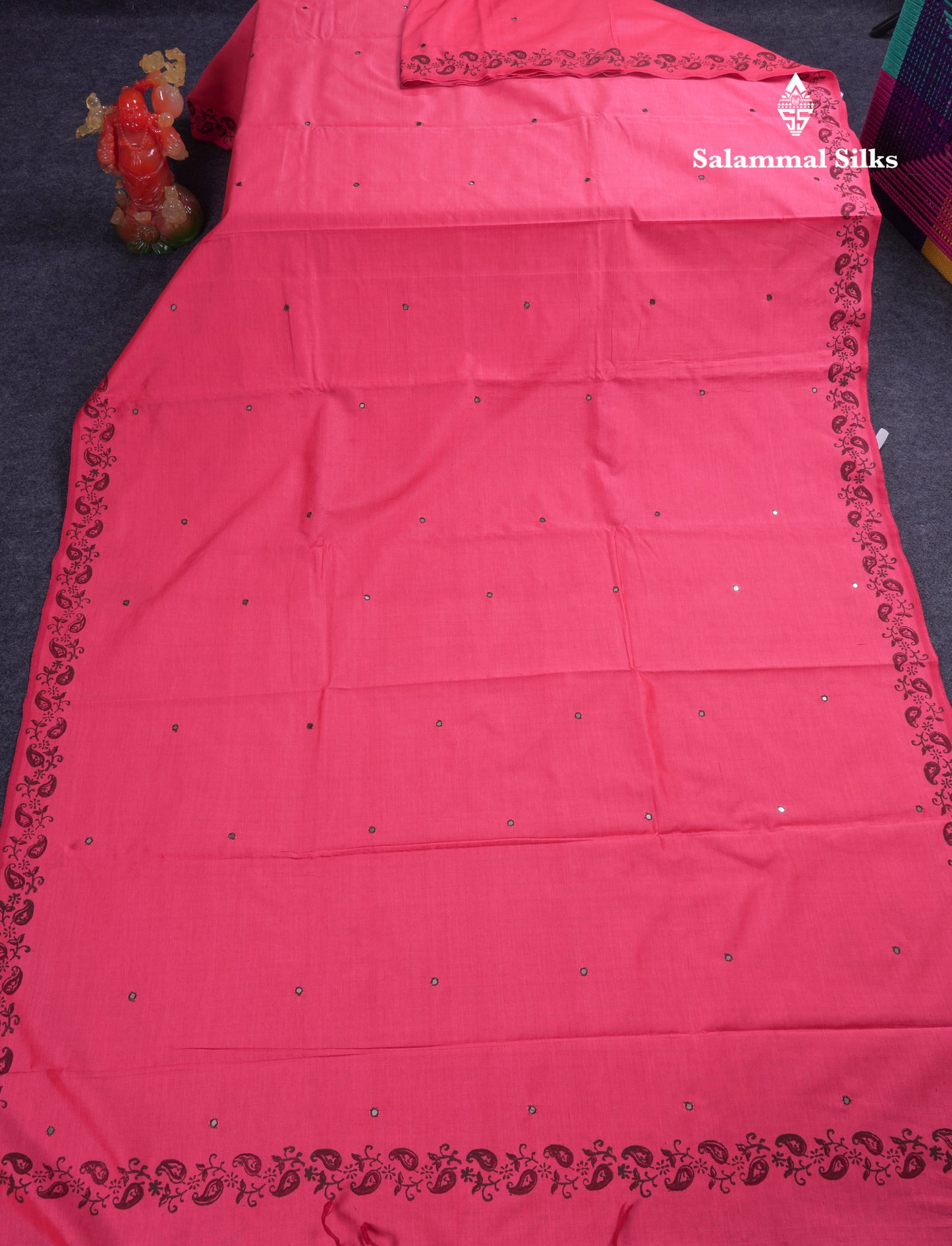 Beautiful Pinkish Peach Mirror Work South Cotton Printed Saree With Contrast Sapphire Green Blouse