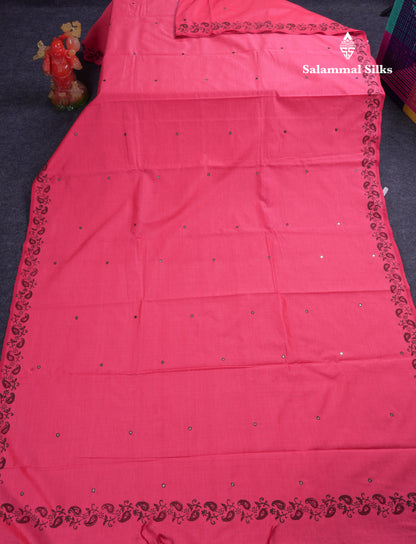 Beautiful Pinkish Peach Mirror Work South Cotton Printed Saree With Contrast Sapphire Green Blouse