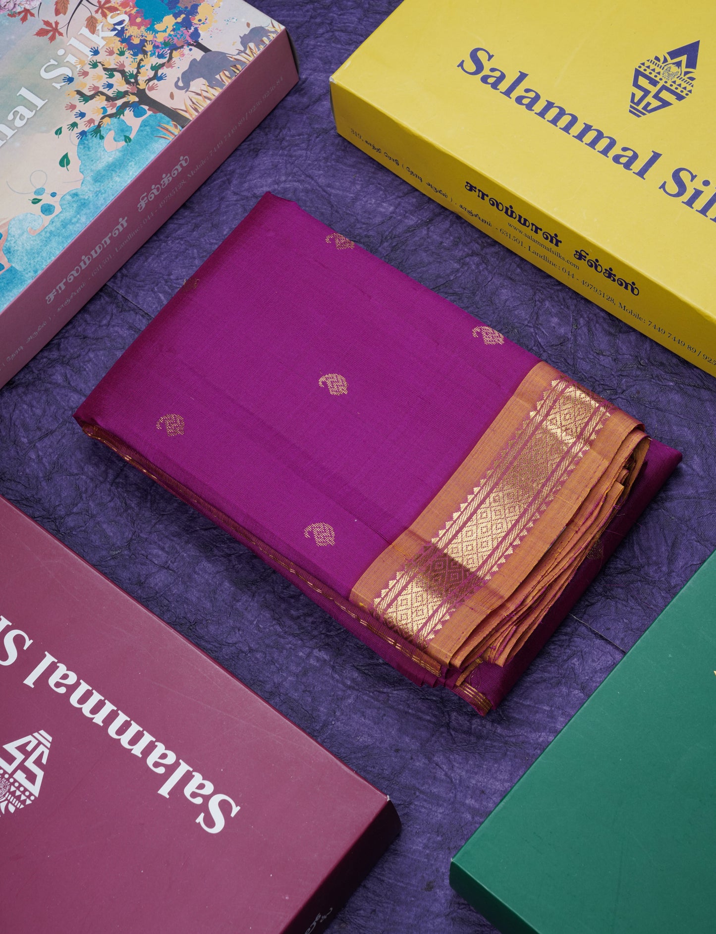 Purple Pure Kanjivaram Silk Saree With Contrast Mustard Yellow One Side Border
