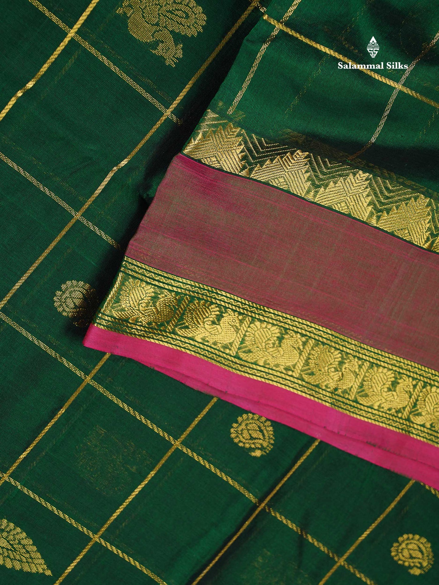 Pure Silk Cotton Saree - Bottle Green Checks With Traditional Butta Along With Contrast Magenta Pink Checks Blouse