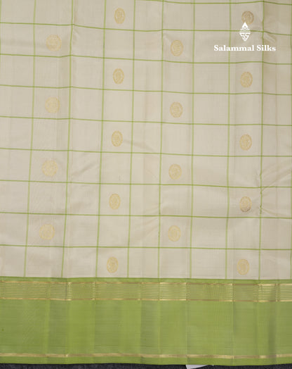 Beautiful Half White Checks With Peacock Butta Pure Kanjivaram Silk Saree With Contrast Parrot Green Traditional Gap Border