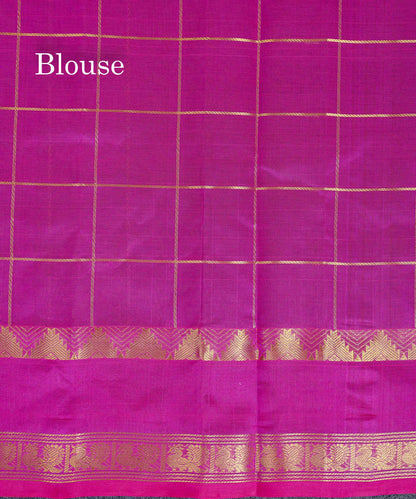 Pure Silk Cotton Saree - Bottle Green Checks With Traditional Butta Along With Contrast Magenta Pink Checks Blouse