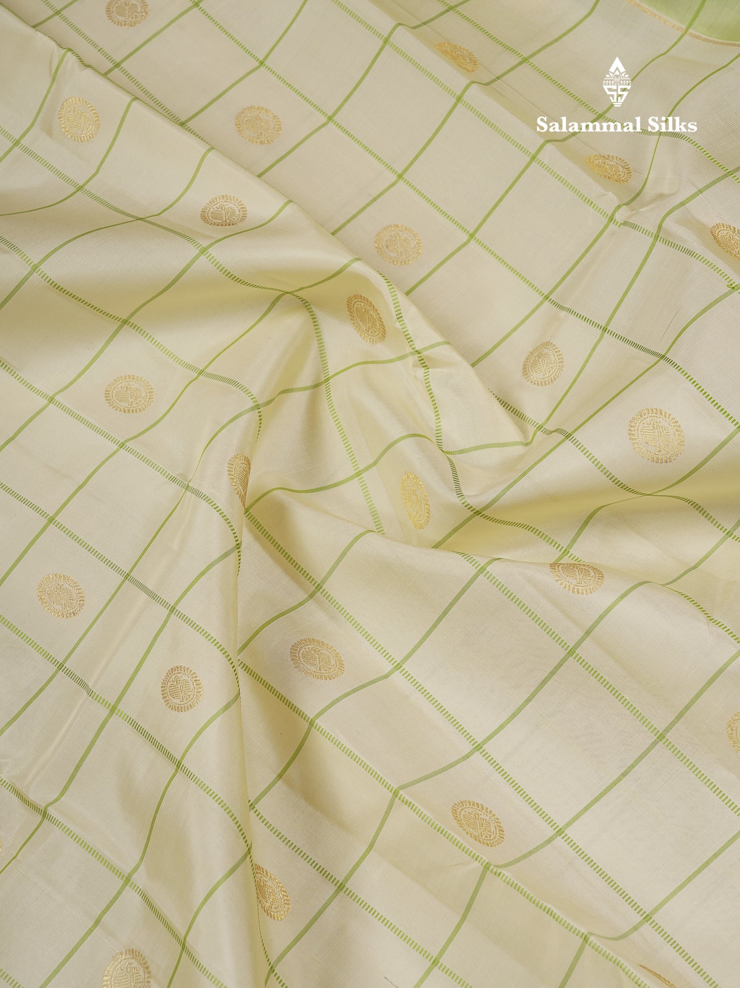 Beautiful Half White Checks With Peacock Butta Pure Kanjivaram Silk Saree With Contrast Parrot Green Traditional Gap Border