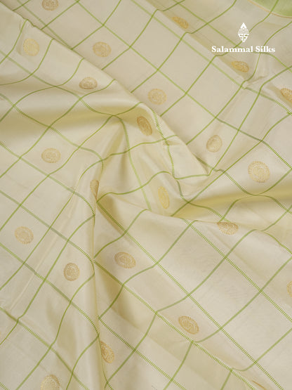 Beautiful Half White Checks With Peacock Butta Pure Kanjivaram Silk Saree With Contrast Parrot Green Traditional Gap Border