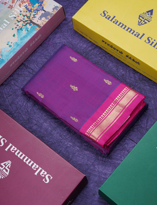 Dual Tone Purple Pure Kanjivaram Silk Saree With Contrast Pink One Side Border