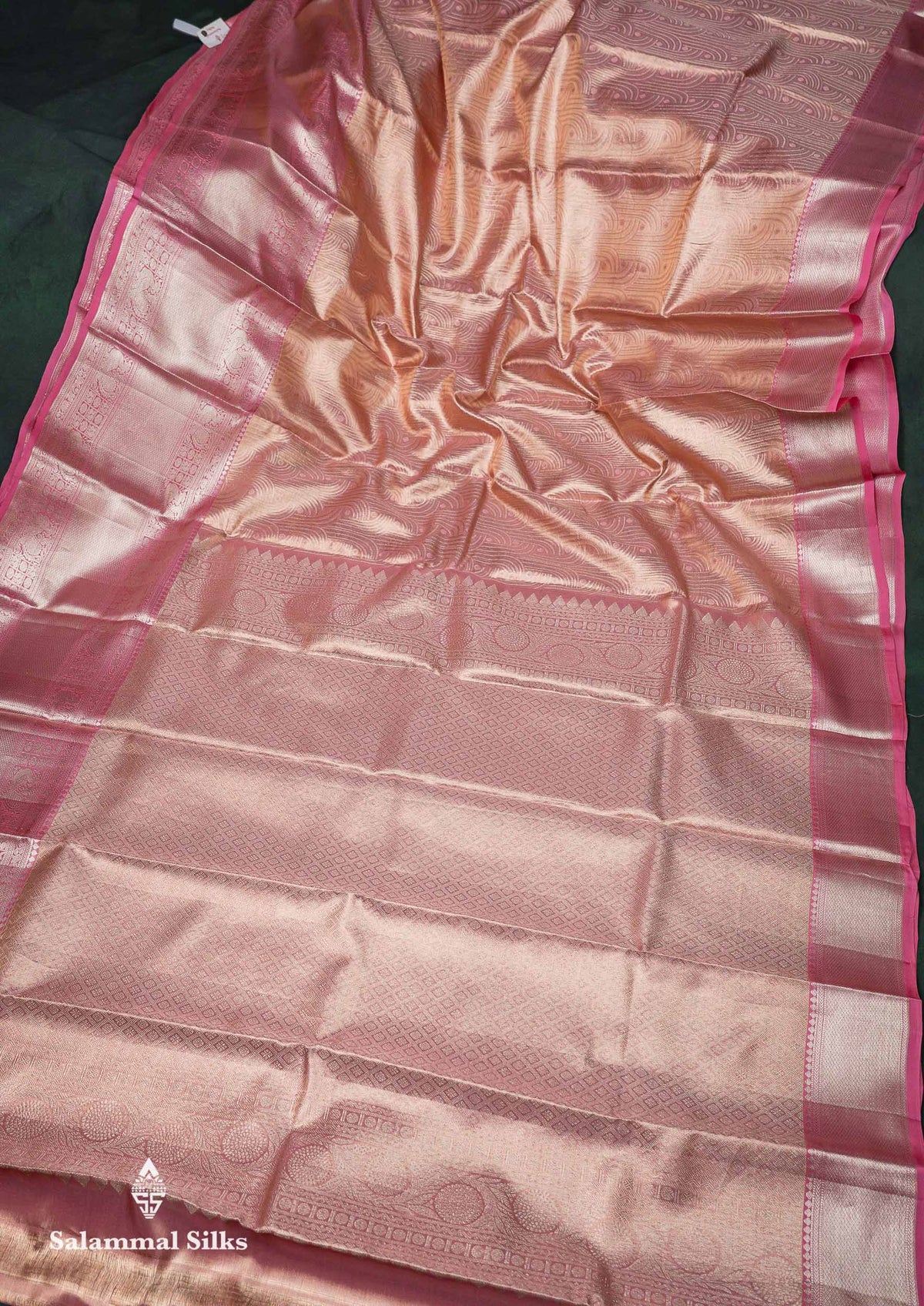 Peach Pink Tissue Bridal Pure Kanjivaram Silk Saree With Contrast Light Pink Evening Morning Traditional Border