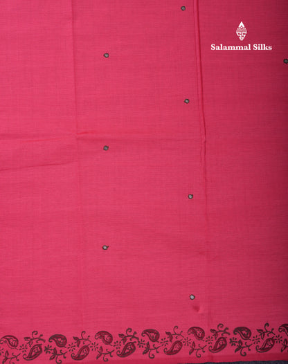 Beautiful Pinkish Peach Mirror Work South Cotton Printed Saree With Contrast Sapphire Green Blouse