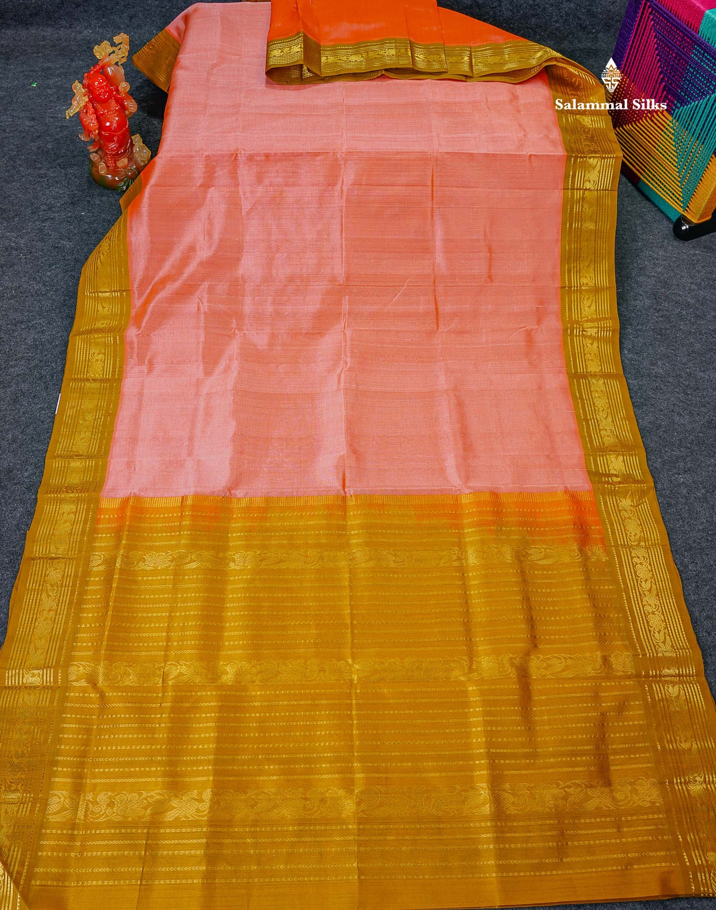 Pure Silk Cotton Saree - Peach Plain Along With Contrast Light Brown Traditional Border