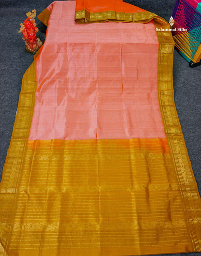 Pure Silk Cotton Saree - Peach Plain Along With Contrast Light Brown Traditional Border