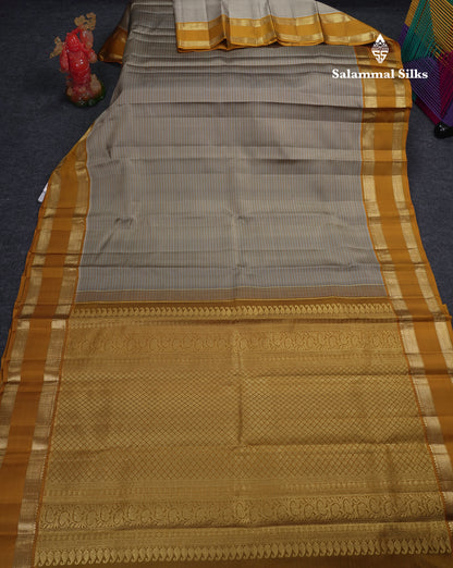 Beautiful Light Grey Pure Kanjivaram Silk Saree With Contrast Mustard Yellow Traditional Rettapet Border
