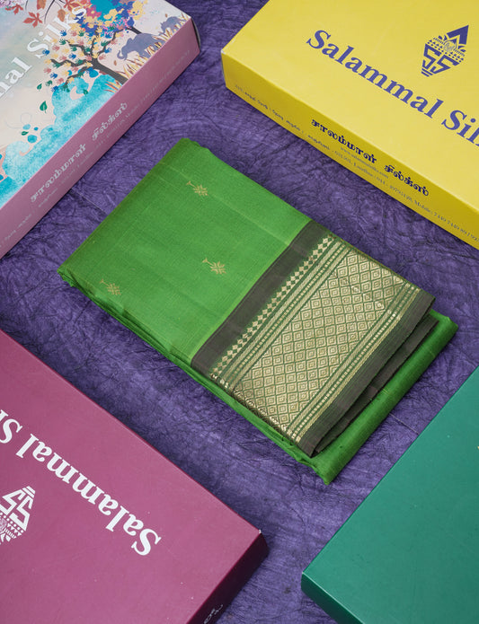 Green Pure Kanjivaram Silk Saree With Contrast Green Shade One Side Border