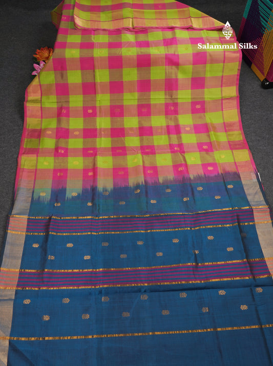 Paalum Pazham Checks Pure Silk Cotton Saree With Contrast Peacock Blue Blouse