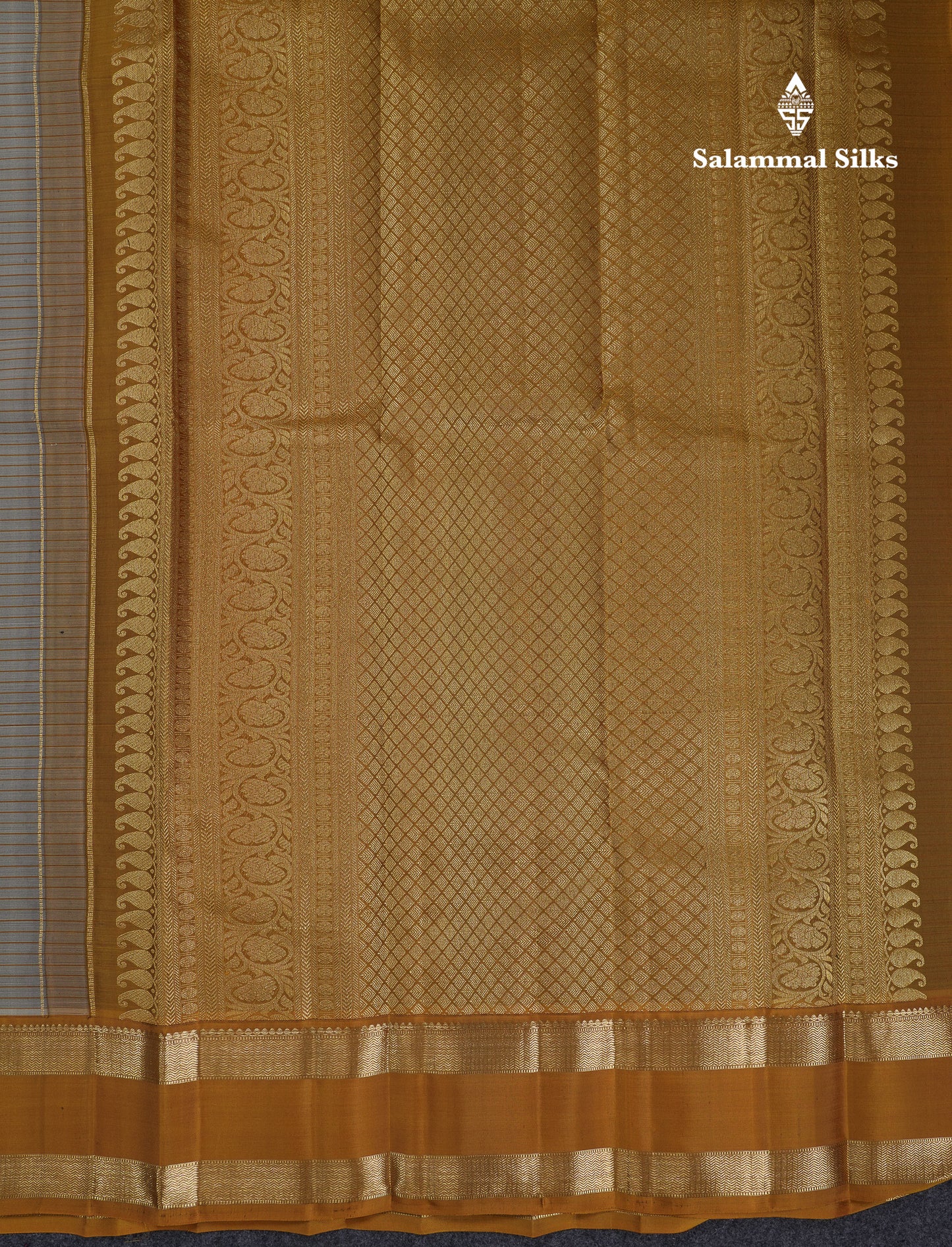Beautiful Light Grey Pure Kanjivaram Silk Saree With Contrast Mustard Yellow Traditional Rettapet Border