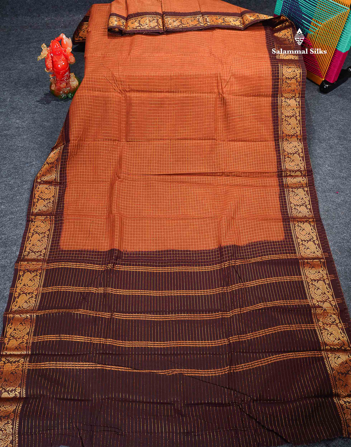 Sungudi Cotton Saree - Brown Colour Body Small Zari Checks With Dark Brown Border