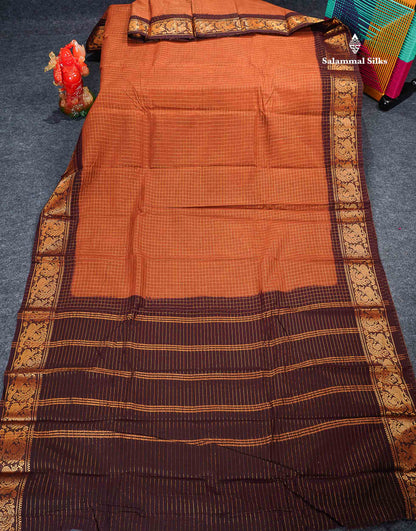 Sungudi Cotton Saree - Brown Colour Body Small Zari Checks With Dark Brown Border