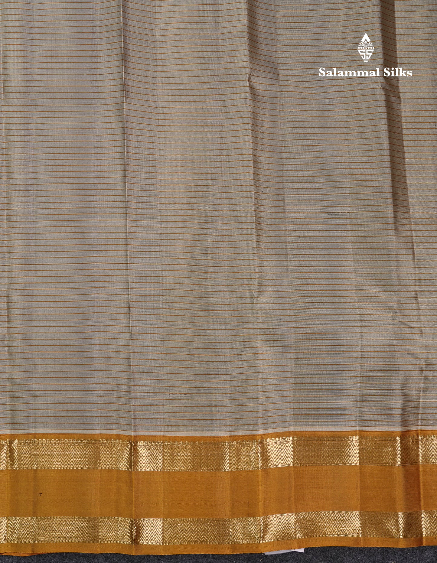 Beautiful Light Grey Pure Kanjivaram Silk Saree With Contrast Mustard Yellow Traditional Rettapet Border