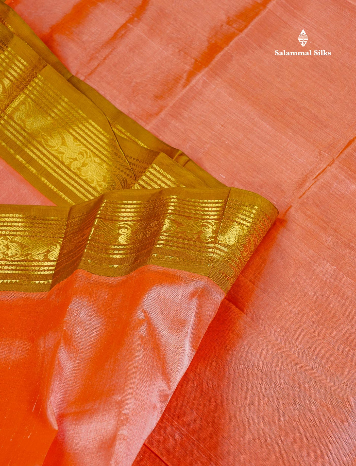 Pure Silk Cotton Saree - Peach Plain Along With Contrast Light Brown Traditional Border