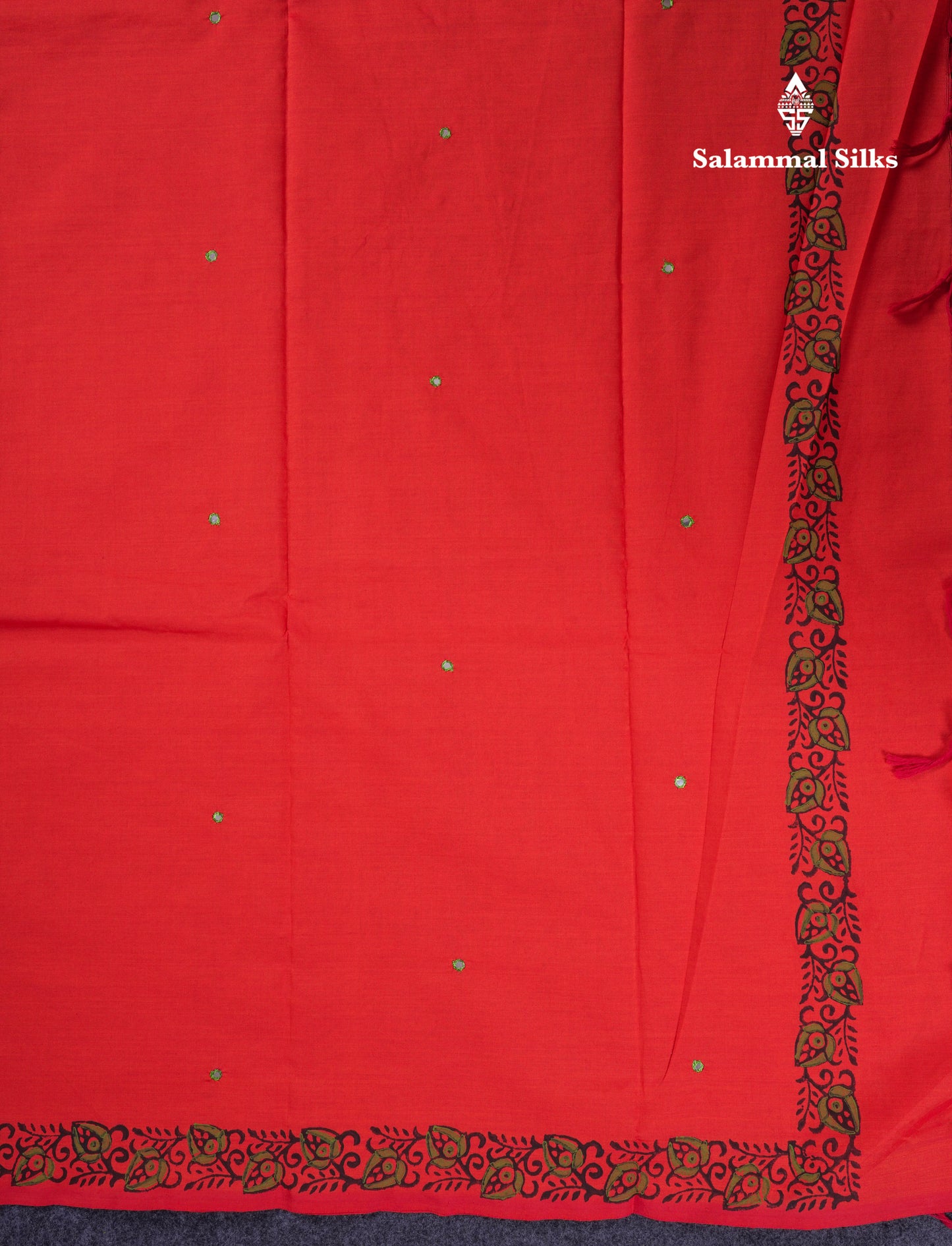 Beautiful Red Mirror Work South Cotton Printed Saree With Contrast Cream Sandal Blouse