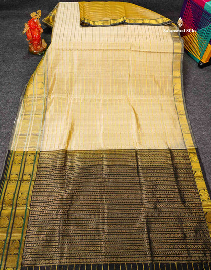 Pure Silk Cotton Saree - Cream Sandal Horizontal Line Along With Contrast Black Traditional Evening Morning Border