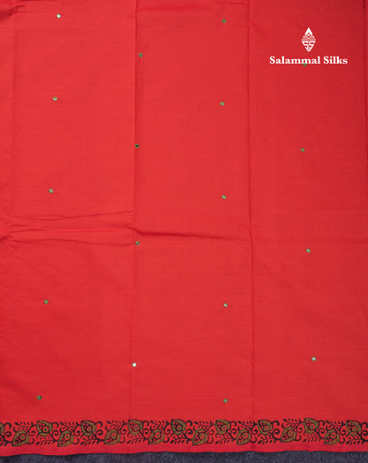 Beautiful Red Mirror Work South Cotton Printed Saree With Contrast Cream Sandal Blouse