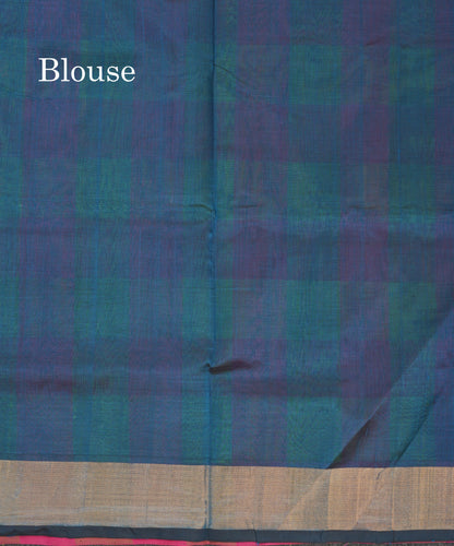 Paalum Pazham Checks Pure Silk Cotton Saree With Contrast Peacock Blue Blouse