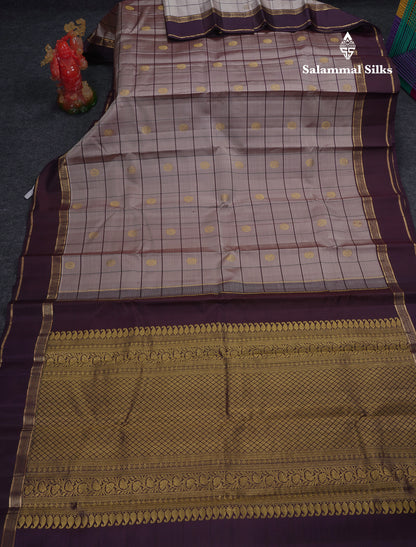 Beautiful Light Brown Checks With Peacock Butta Pure Kanjivaram Silk Saree With Contrast Dark Brown Traditional Gap Border