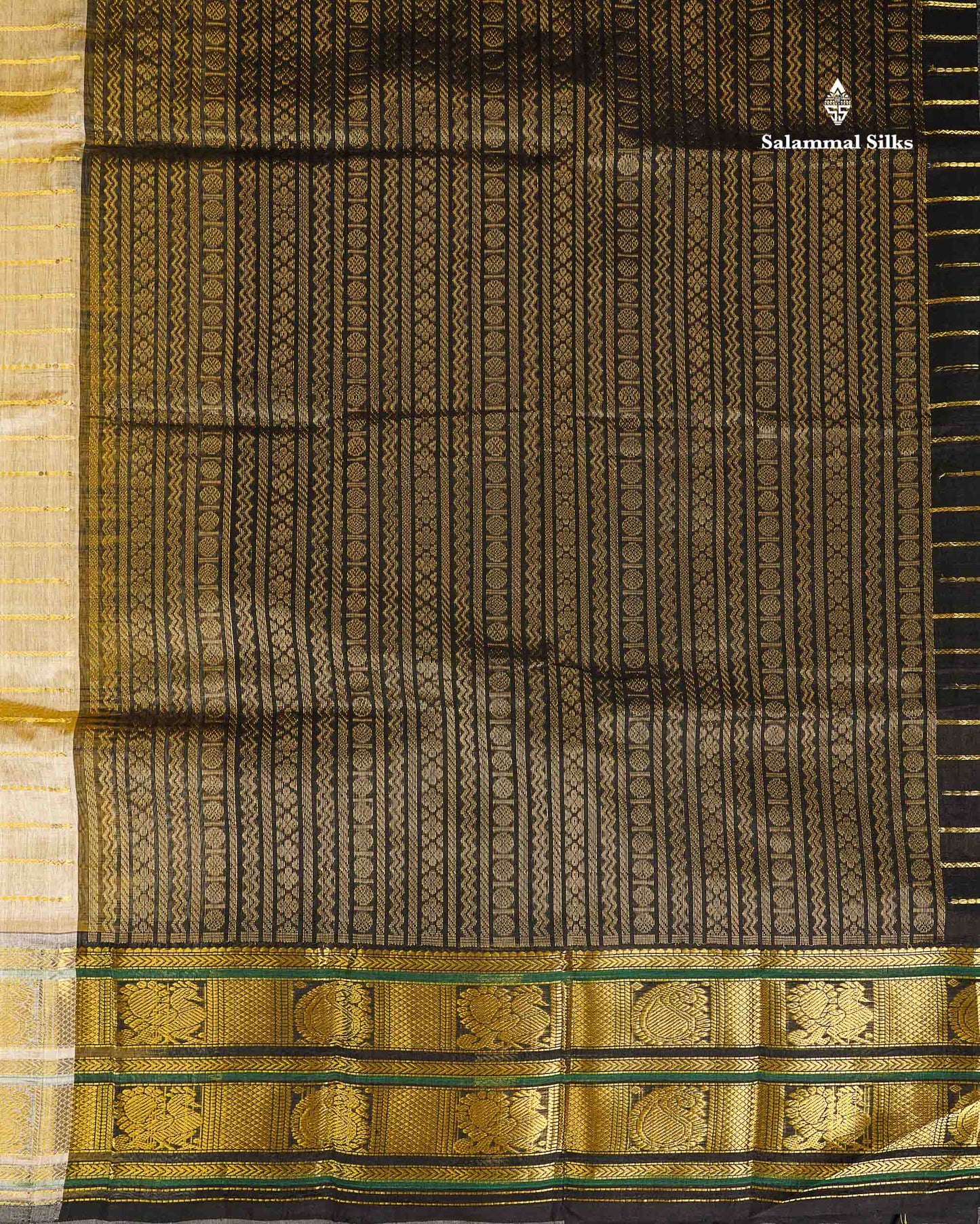 Pure Silk Cotton Saree - Cream Sandal Horizontal Line Along With Contrast Black Traditional Evening Morning Border