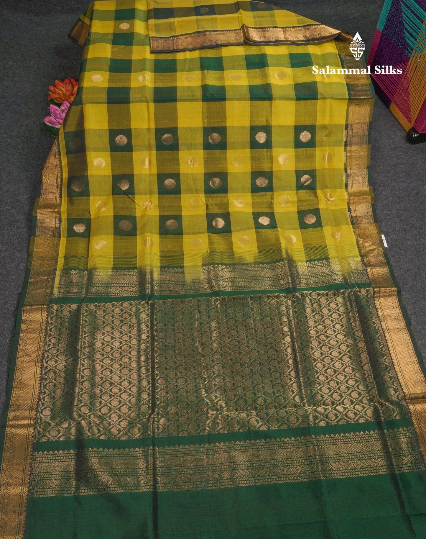 Paalum Pazham Checks Pure Silk Cotton Saree With Contrast Bottle Green Blouse