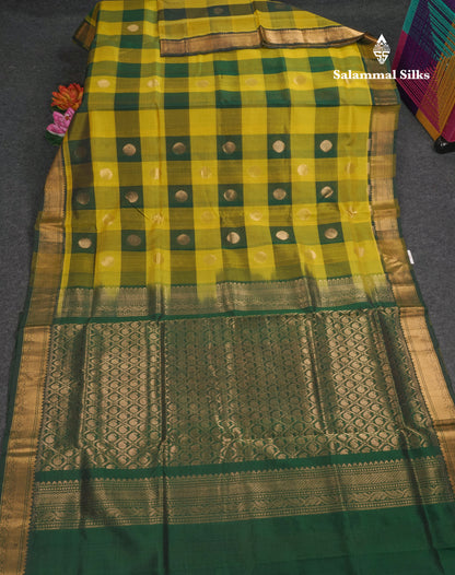 Paalum Pazham Checks Pure Silk Cotton Saree With Contrast Bottle Green Blouse