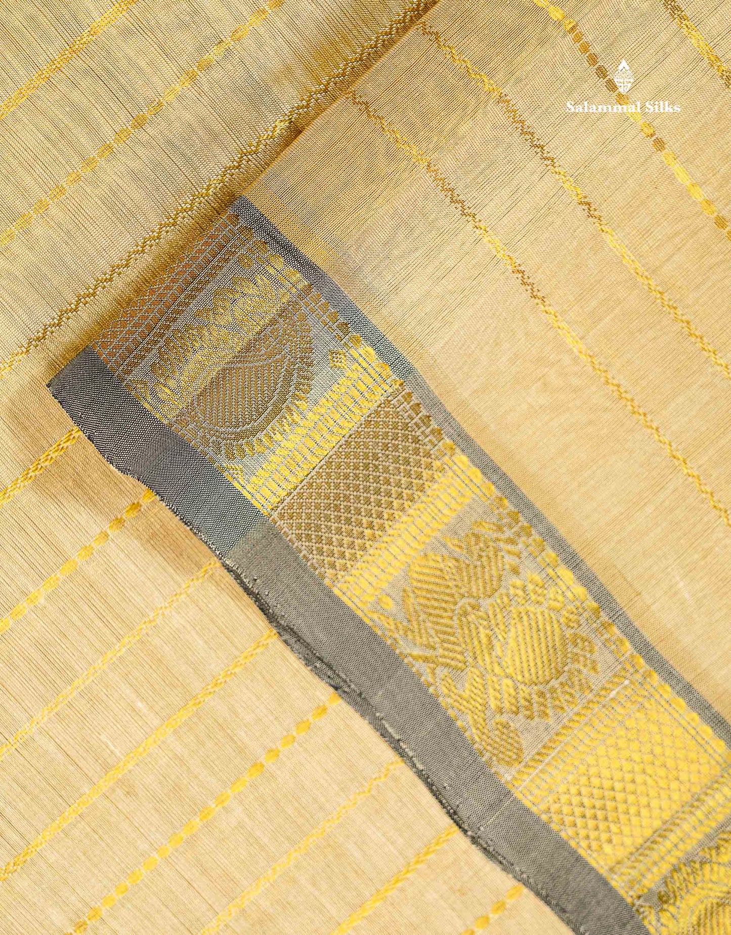 Pure Silk Cotton Saree - Cream Sandal Horizontal Line Along With Contrast Black Traditional Evening Morning Border