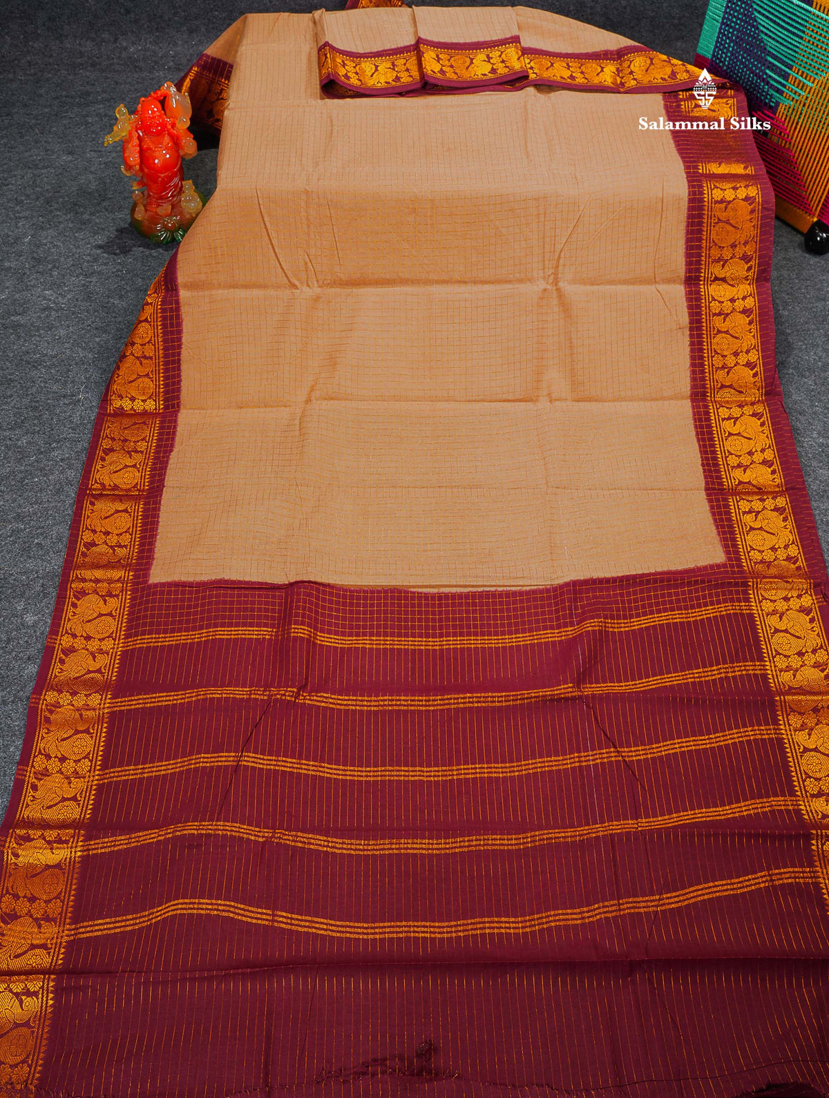 Sungudi Cotton Saree - Sandal Colour Body Small Zari Checks With Maroon Border