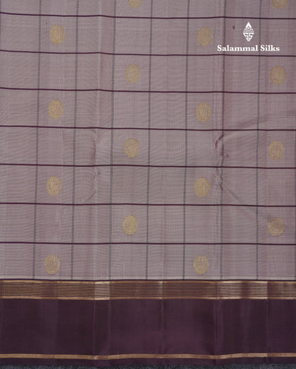 Beautiful Light Brown Checks With Peacock Butta Pure Kanjivaram Silk Saree With Contrast Dark Brown Traditional Gap Border