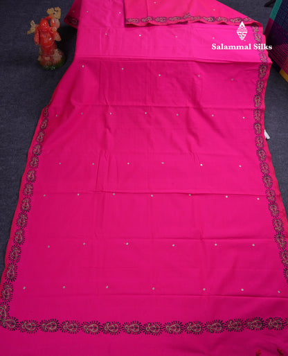 Beautiful Pink Mirror Work South Cotton Printed Saree With Contrast Cream Sandal Blouse