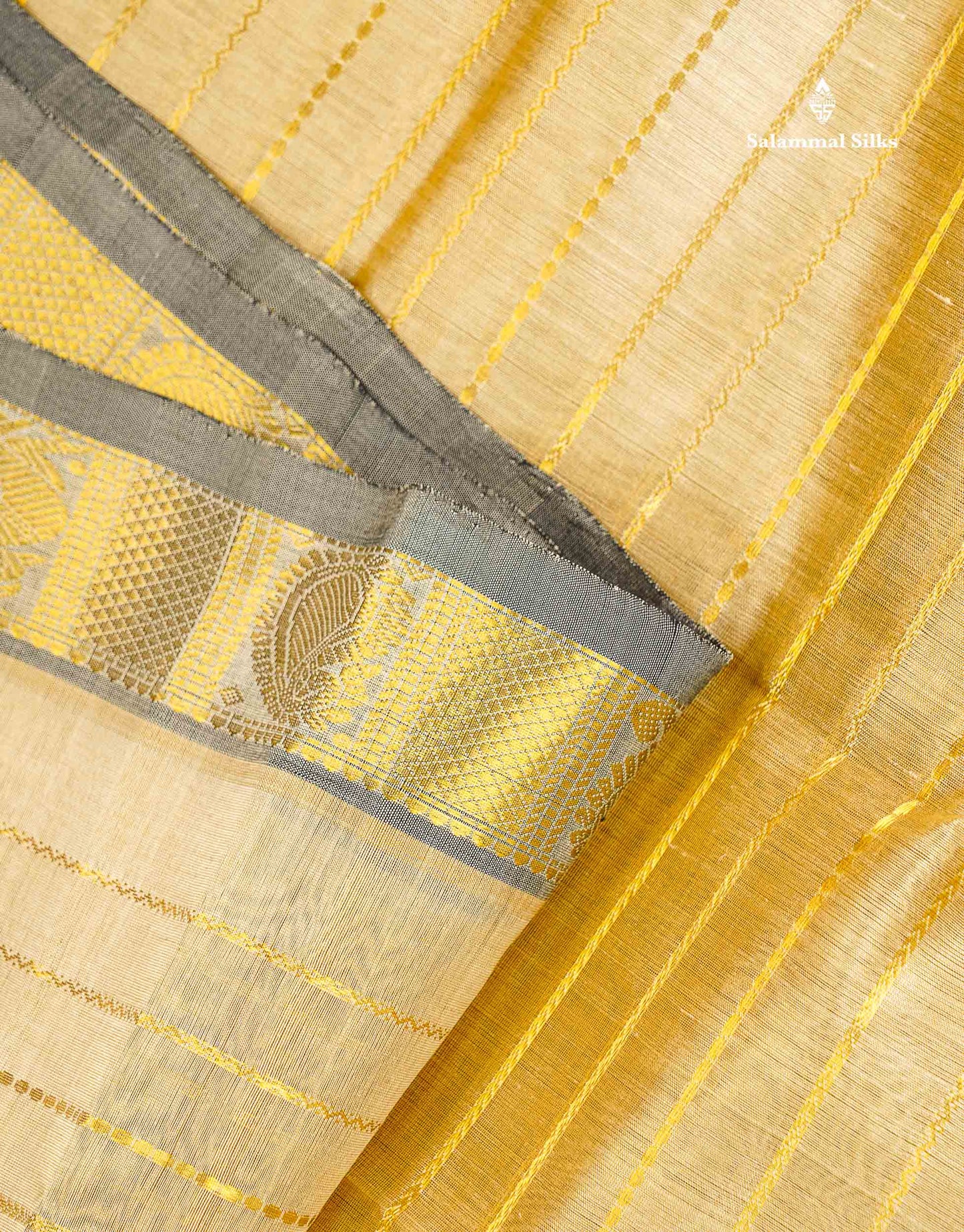 Pure Silk Cotton Saree - Cream Sandal Horizontal Line Along With Contrast Black Traditional Evening Morning Border